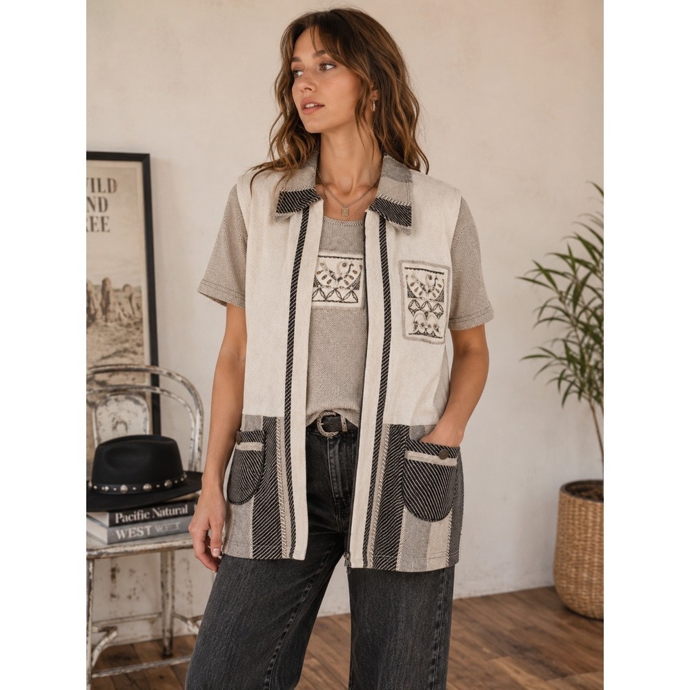 Vintage City Girl Sport 2 Piece Top Vest Set L Zip Front Patchwork Neutral